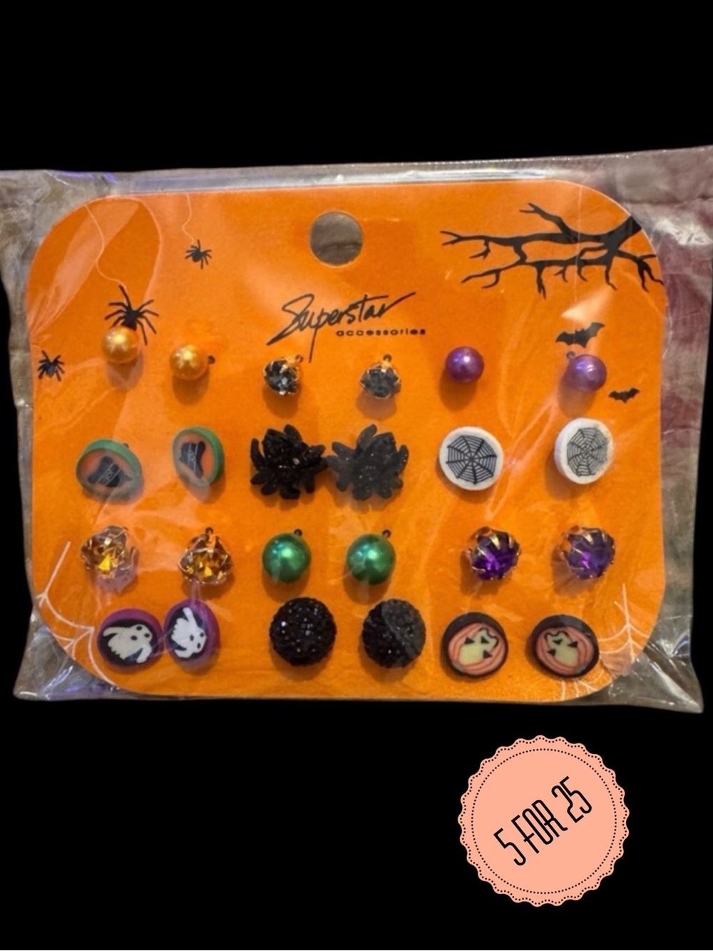 Halloween 12 Pair Stud Earring Set Ghost Spider Pumpkin NWT